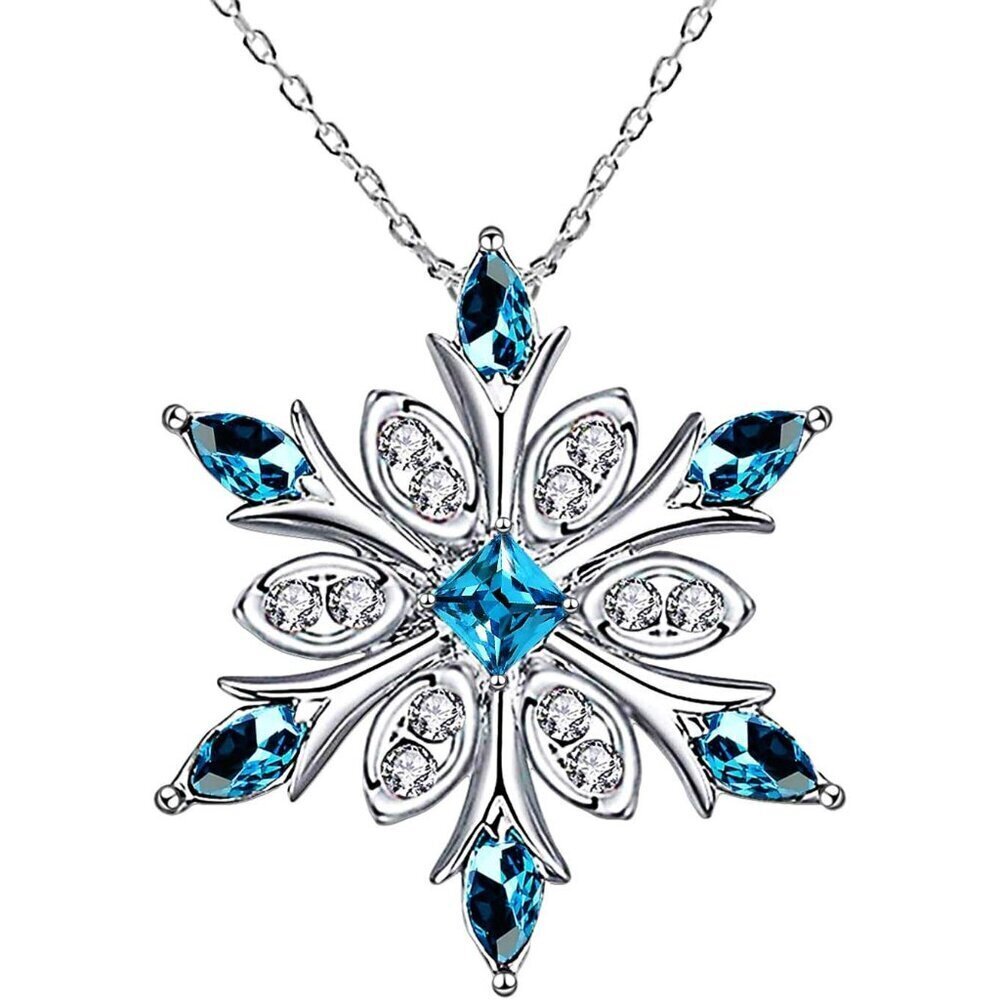 Sterling Silver Snowflake Necklace Blue Crystals Adjustable Chain Women